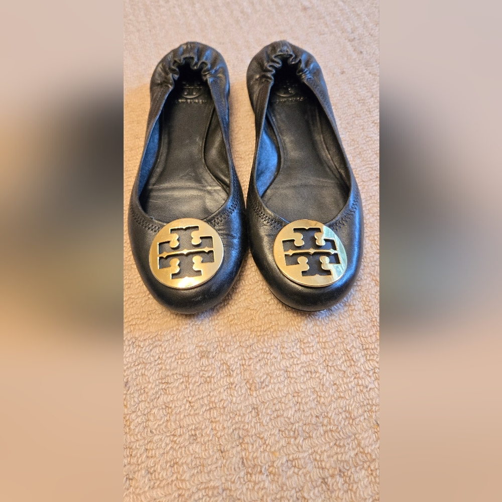 Tory Burch Black Leather Flats with Gold Logo